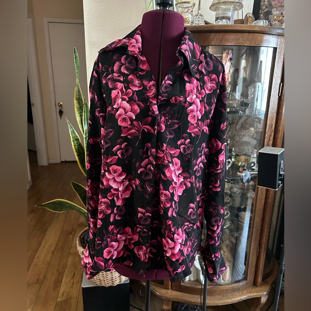 Long Sleeve blouse. Florals Of Pink, Purple And Magenta.
